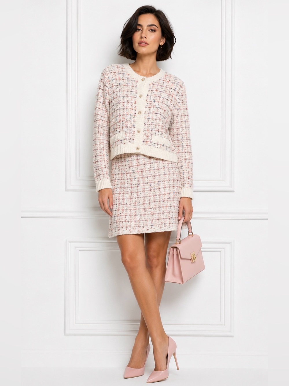 Women’s Cream Pink 2PC Tweed Jacket and Skirt - Elegant Everyday Style